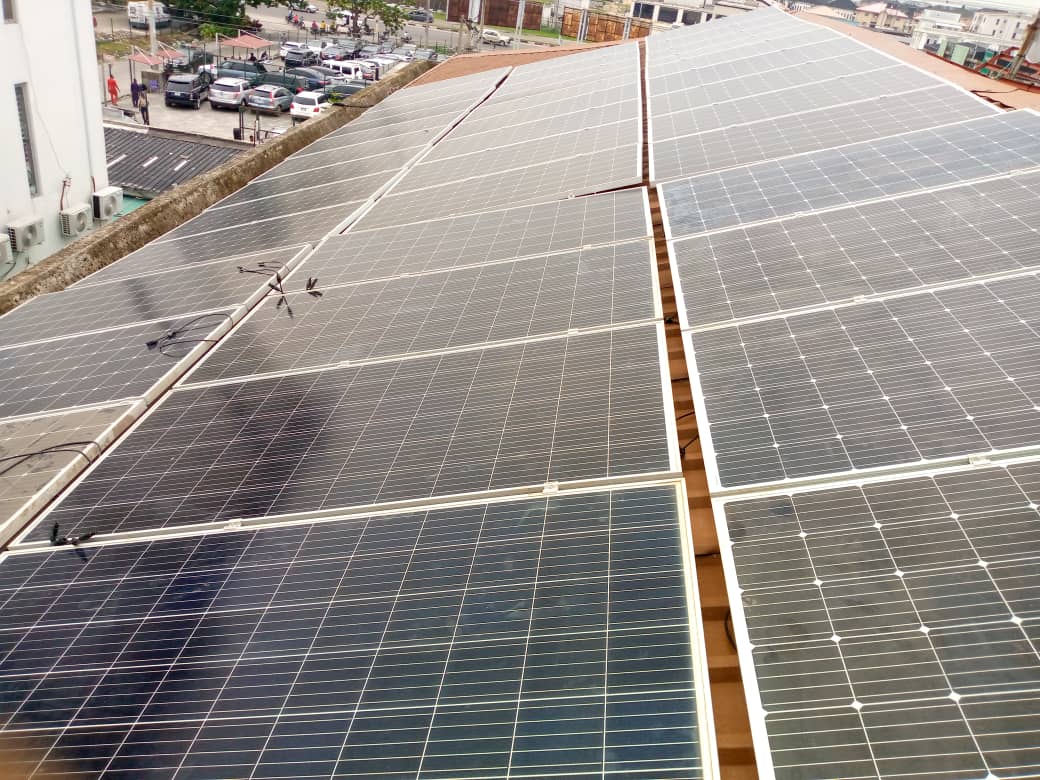 Aerial view of a rooftop solar installation